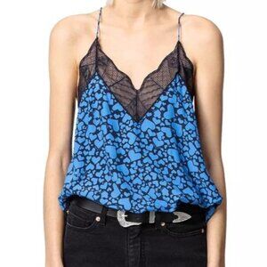 Zadig & Voltaire Christy Silk Camisole with Lace Trim in Bleuet